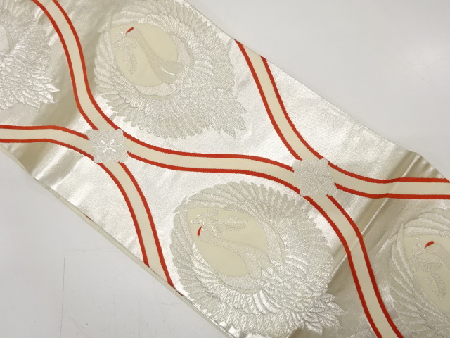 JAPANESE KIMONO / ANTIQUE FUKURO OBI / SILK / WOVEN CRANE & TATEWAKU PATTERN